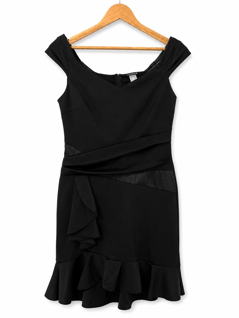 VENUS Black Cocktail Dress Size L Off Shoulder Ruffle Midi Dress Elegant Party